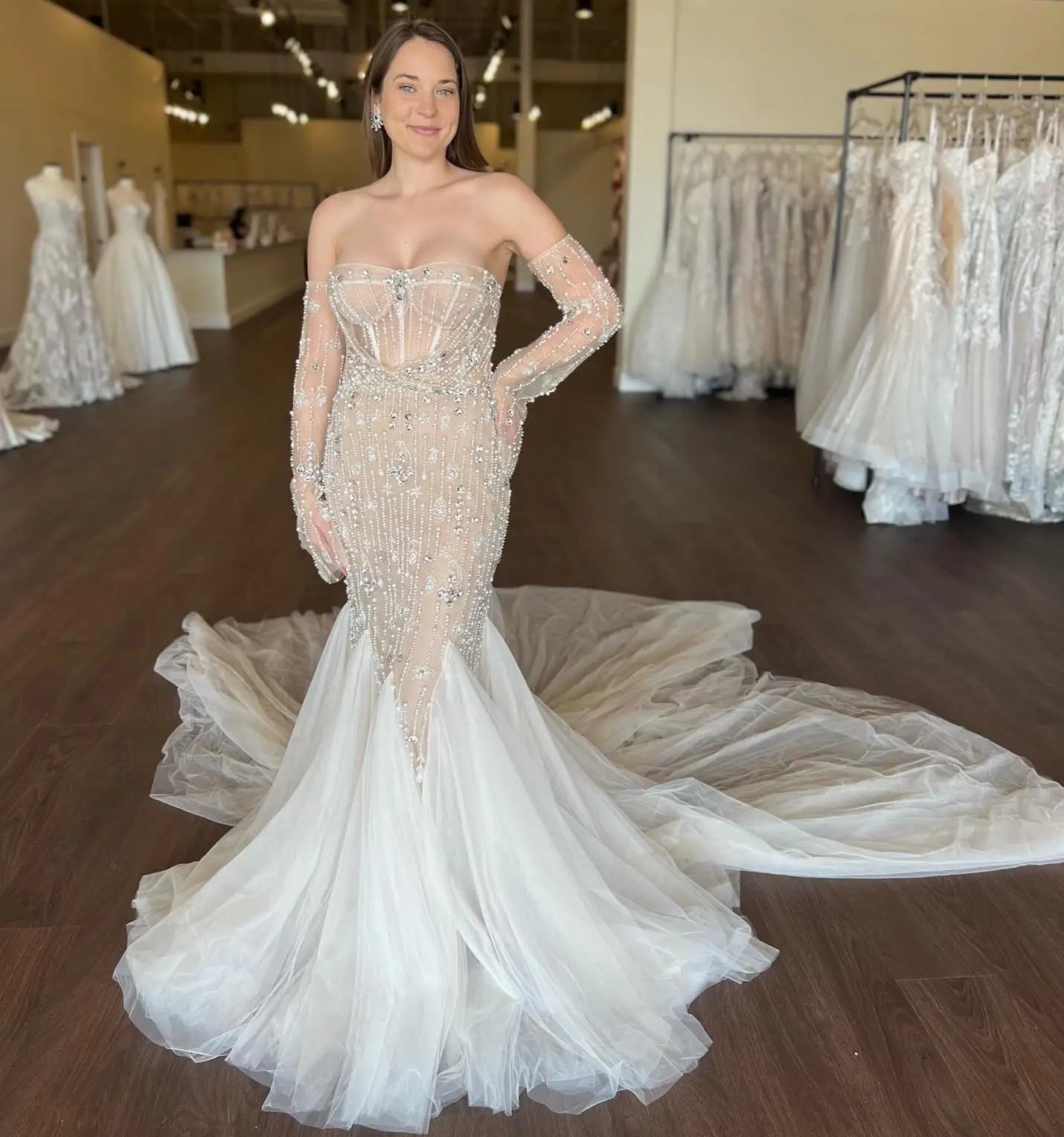 Model wearing a white gown